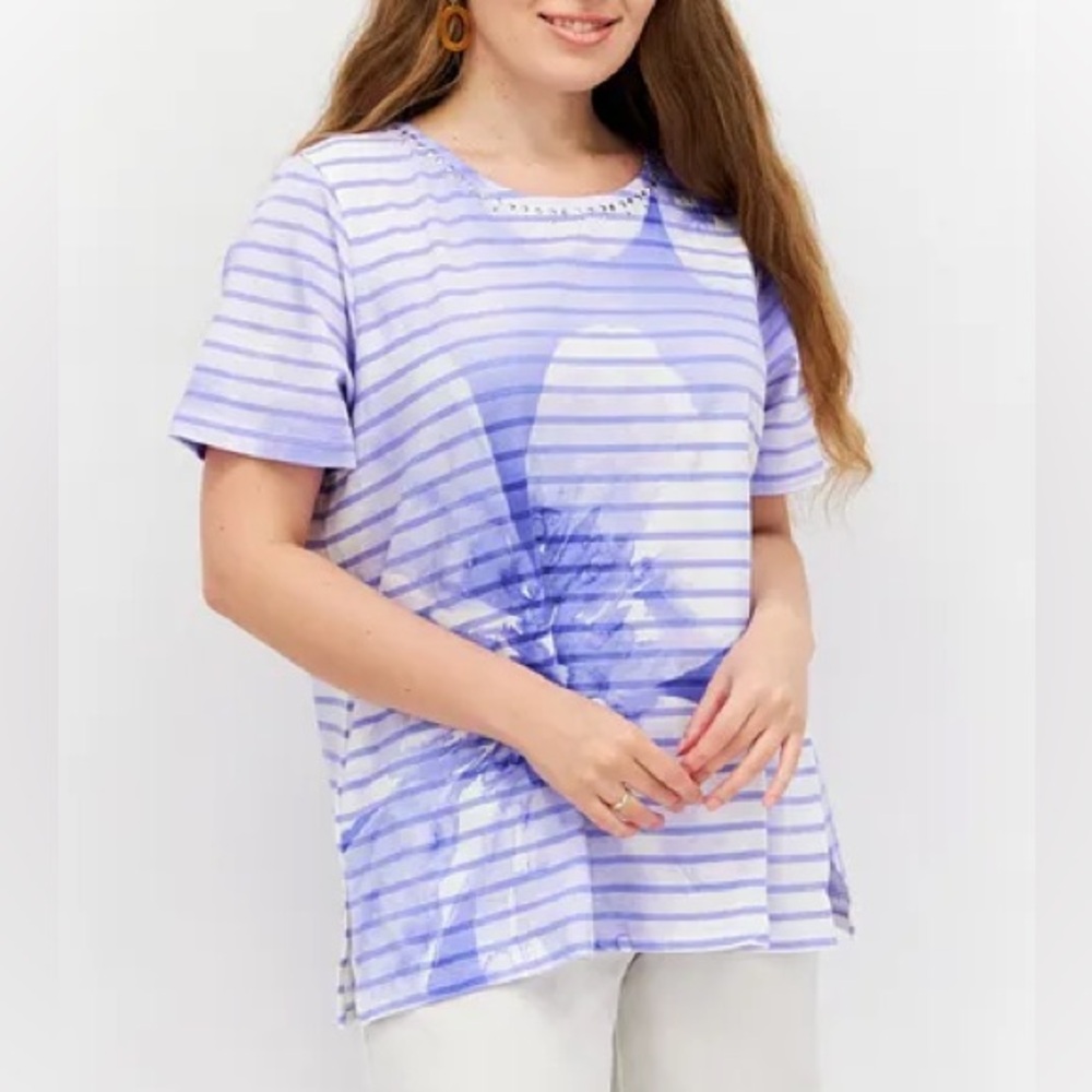 Alfred Dunner Floral Stripe Tie Dye Shirt in Iris, Size L New w/Tag